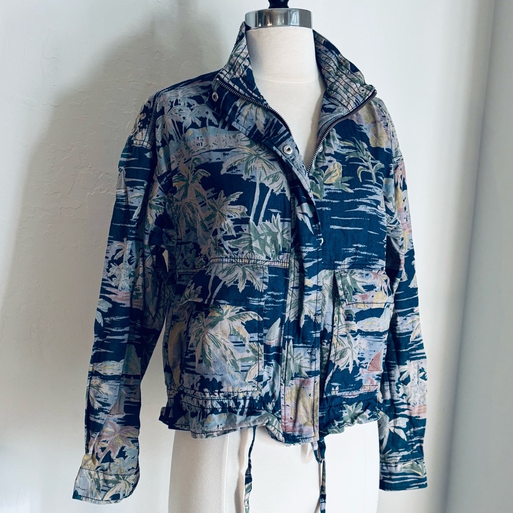 Gap Mockneck Drapey Utility Jacket Cotton Linen Blend, Aloha Tropical Print, Med - Picture 3 of 11